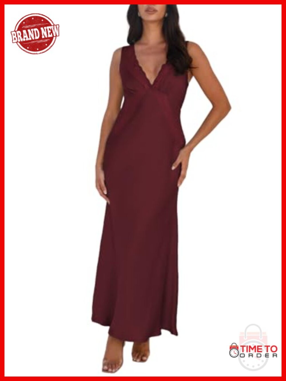Satin Lace V Neck Backless Sleeveless Maxi Wedding Guest Dress